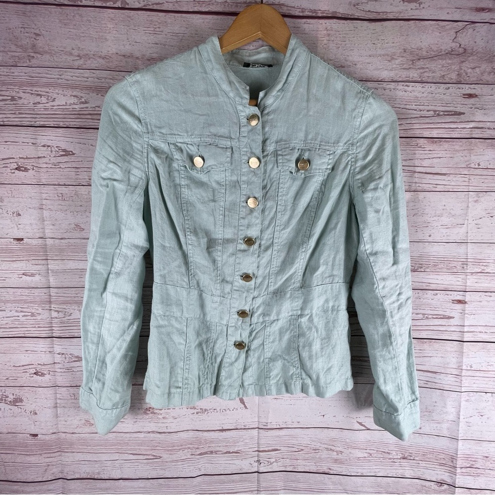 Pomodoro Linen Jacket Blazer Top Button Up Woman’s Sz 4 Blue Travel Lightweight